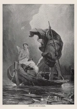 PSYCHE & CHARON - Angel Boat River Crossing Myth Scene 1894 Antique Engraving