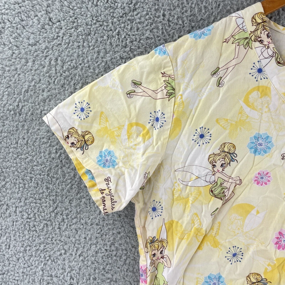 Disney Tinkerbell Scrub Top Womens Small Yellow V Neck Nursing Medical Pockets - Image 4 of 4