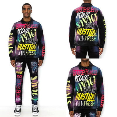 Victorious Men's Casual Air Brushed Graffiti Side Pockets Denim Jacket  DK240