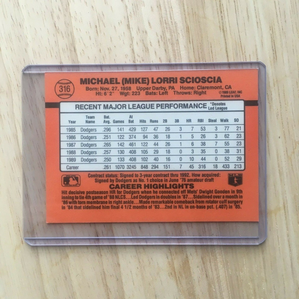 Mike Scioscia Baseball Card Donruss 1990 #316 ERROR CARD No dot
