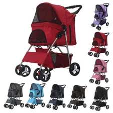 Pet Dog Stroller 4 Wheel Foldable Cat Puppy Travel Carriage with Storage Basket