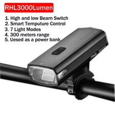 ROCKBROS Bike Super Bright Headlight 3000 Lumen Temperature Control Smart Light