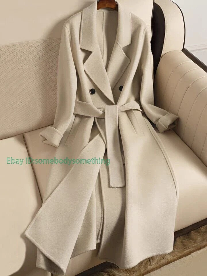 Womens Belted Wool Double Breasted Long Cashmere Blend Coats
