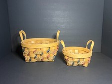 VTG Matching Set of 2 Tan, Red  Blue Roped Twisted Wicker Baskets w/ Handles