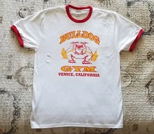 Bulldog Gym Venice Beach California  White / Red / Vintage Gold Ringer T-Shirt
