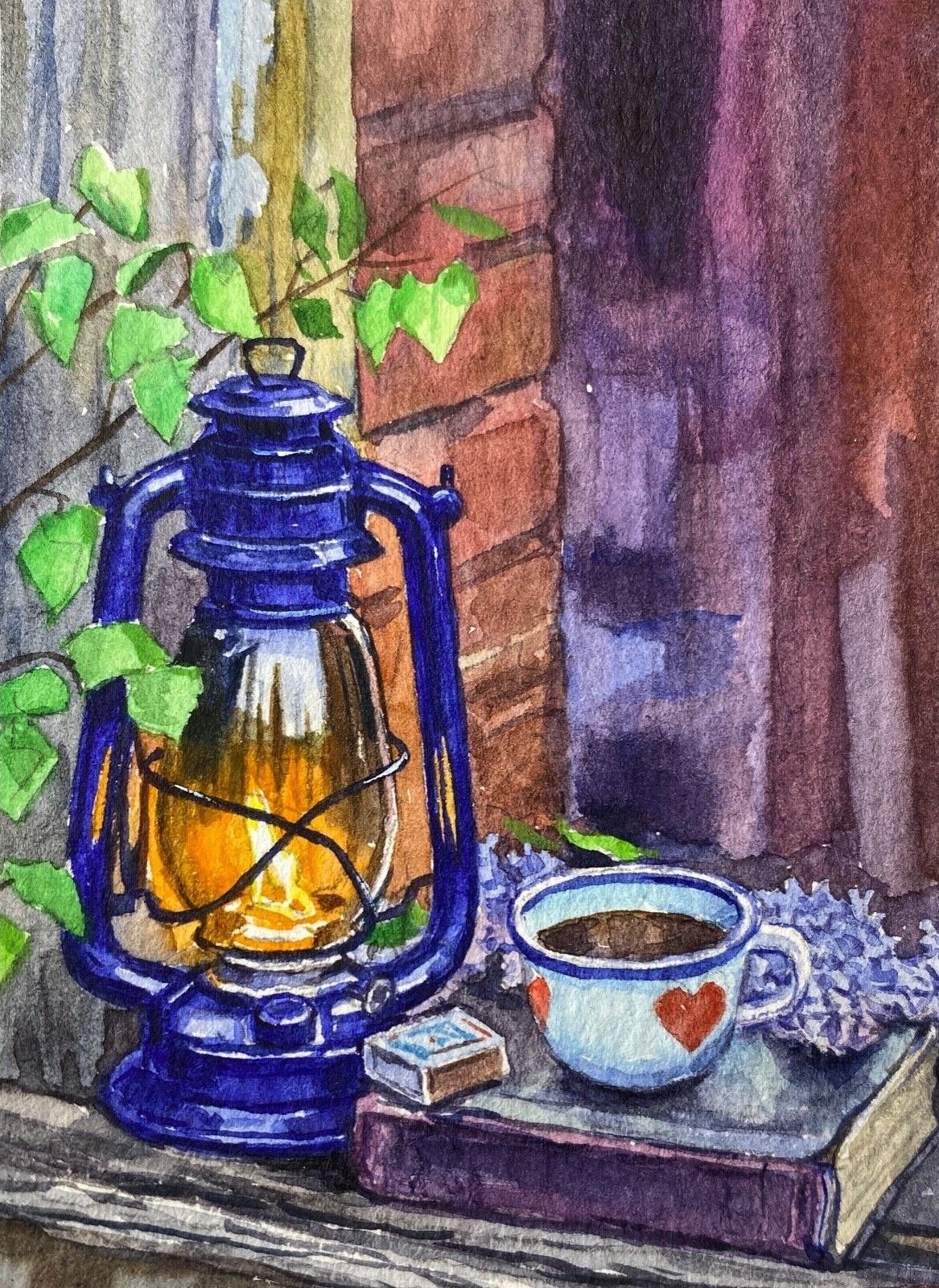 Watercolor Painting Still Life Kerosene lamp Tea Cup Book ACEO Art ...