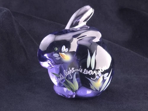Vtg Fenton Handpainted Amethyst Chubby Bunny Figurine Signed A. Russell UV Glow