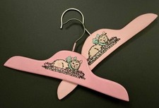 2 Vintage 1930s Pink Childs Girls Wood Hanger Cat or Kitten in Basket Blue Bow