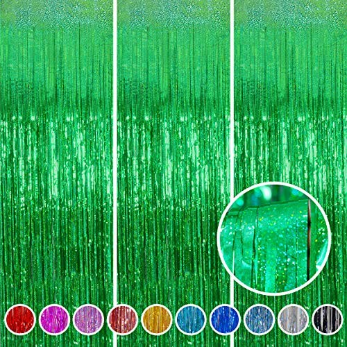 Foil Fringe Curtains for April Fools Day - 3 Pack Green 3.2x8.2 ft Party Decor