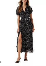 ASTR the Label Bennet Dress XS Black Polka Dot Ruffle Puff Sleeve Midi Slit NWOT