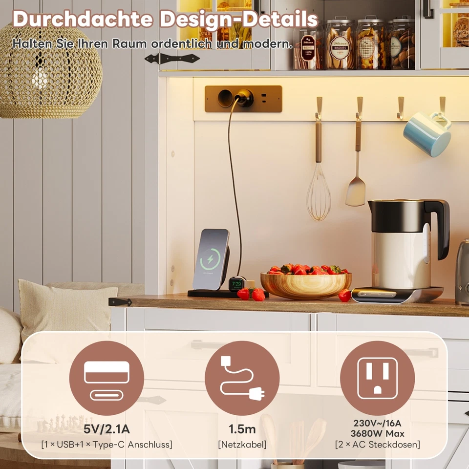 Buffetschrank Vorratsschrank Küchenschrank mit Arbeitsplatte und LED-Beleuchtung - Bild 4 von 4