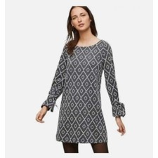 LOFT Outlet Small Mini Shift Dress Gray White Diamond Print Long Sleeve Ties