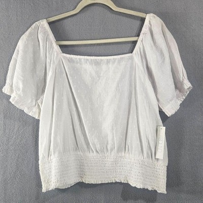 New ABOUND L Cotton Cottage Pesant Top Baloon Sleeves Rouched White Swiss Dot