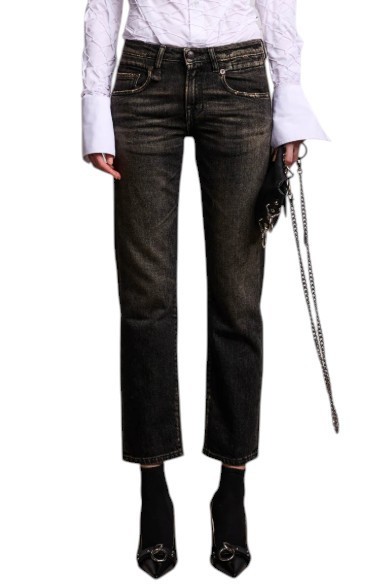 R13 Boy Straight Damenjeans W26 Abbey Black Whiskers Faded Distress PF26