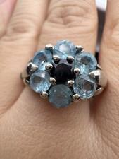 925 Sterling Silver Genuine Blue Sapphire Blue Topaz Floral Ring Size 7.75