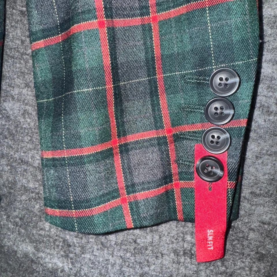 Blazer J. Ferrar Para Hombres Calce Ajustado Verde Rojo Tartán Cuadros 360 Elastizado Talla 38/40L NUEVO Foto 3 de 4