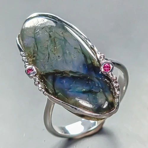 Handmade 25 ct+ Natural Labradorite Ring 925 Sterling Silver Size 8.5 /R452854