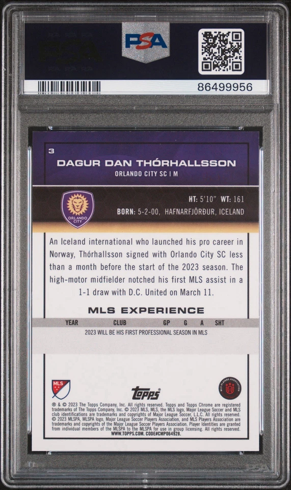 2023 TOPPS CHROME MLS #3 ROOKIE D. DAN THORHALLSSON GOLD REFRACTOR /50 PSA 9 RC - Image 3 of 3
