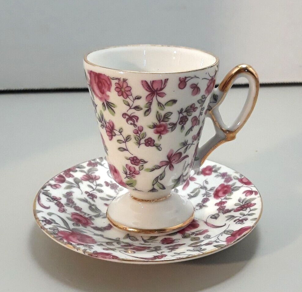 ROSE CHINZ PATTERN Bone China Small Teacup & Saucer Fancy Handle