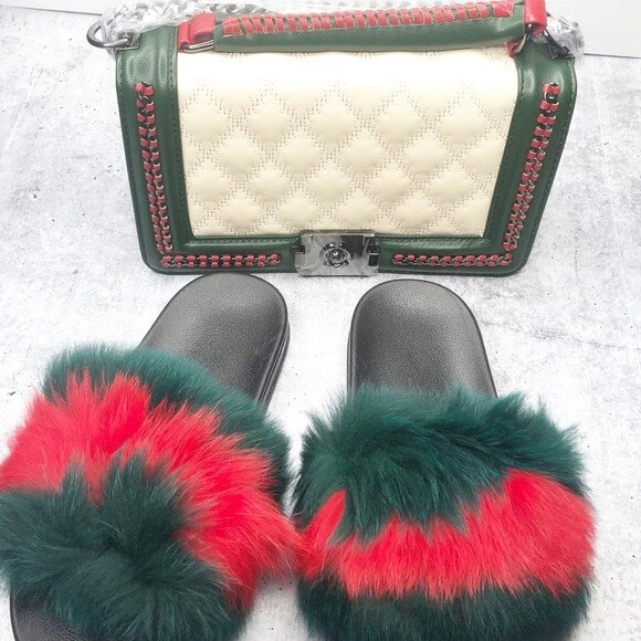 Furry slides with matching purse sale