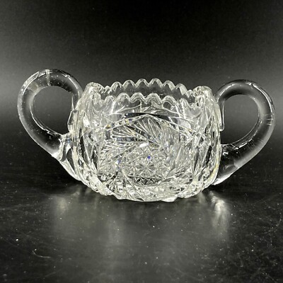Antique Cut Glass Pattern Glass Sawtooth Pinwheel Star Open Sugar Bowl 2 Handles