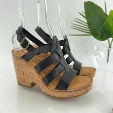 Born Bernese Womens Sandal Size 10 Black Leather Wedge Heel Open Toe Retro Caged