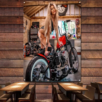 Sexy Tattoo Hottie Biker Wall Art Print Motorcycle Poster Garage Decor Flag 0