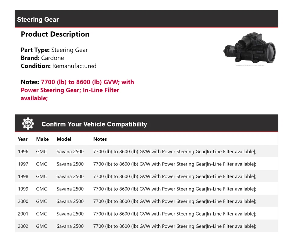 Engranaje de dirección Cardone para GMC Savana 2500 1996-2002 1997 1998 1999 2000 2001 Foto 2 de 4