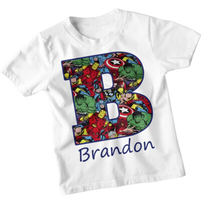 Individuelles T-Shirt Initiale mit Cartoon Figur Collage Design Jungen Geschenk #TA-195