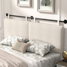 Beige Wall-Mounted Queen Headboard with Linen Upholstery & Button Tufting