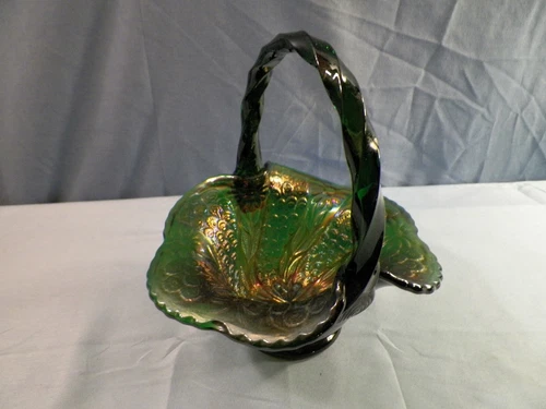 Fenton Green Carnival Glass Peacock Tail & Daisy Basket