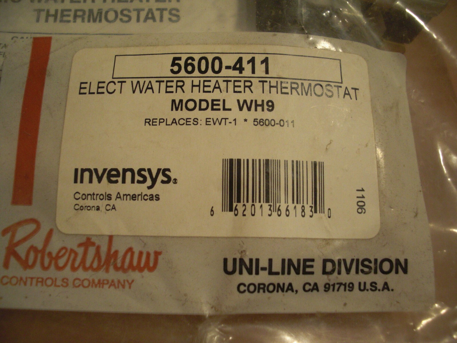 Electric Water Heater Thermostat Robertshaw 5600411 Model Wh9 Rplcs