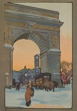 Snowy sunset, Washington Square Arch, Greenwich Village, NYC. Vintage art cards
