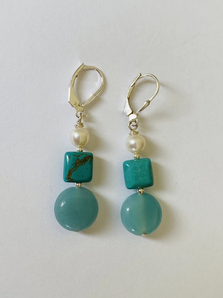 Sundance Sterling Silver Pearl Turquoise Aquamarine Bead Drop Dangle Earrings - Image 3 of 4
