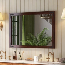 Rustic Wood Framed Mirror 28 X 40 Inch, Natural Dark Brown Wooden Rectangle Bath