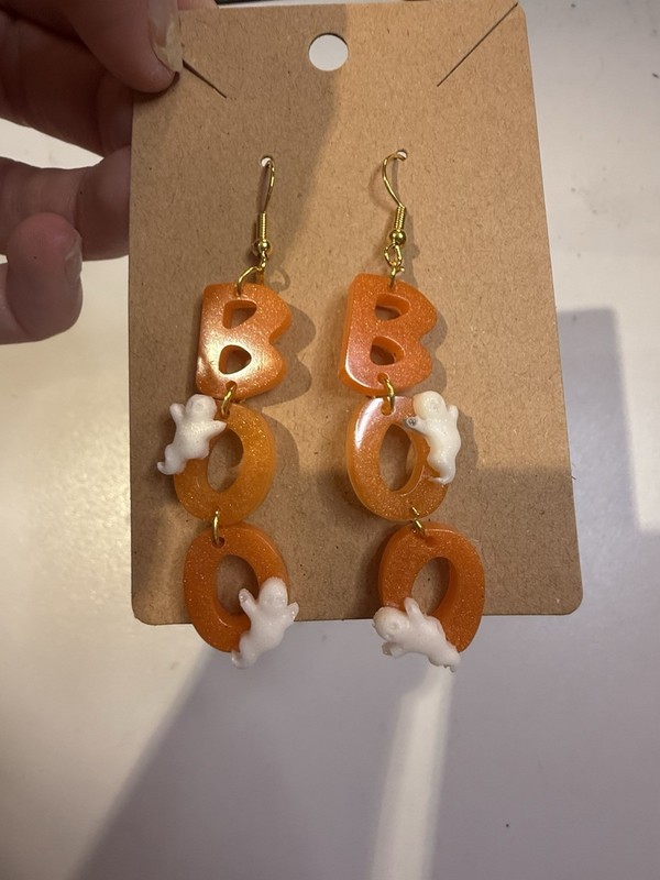 Homemade Halloween Themed Resin Dangle Earrings “boo” Ghosts 