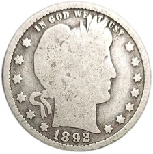 1892-P US SILVER BARBER QUARTER 25c OLD COIN BETTER CONDITION PHILADELPHIA MINT 