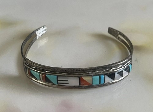 Multi Stone Zuni Sterling Silver Inlay Bracelet Cuff W-M Eriacho 8.9 gr #1