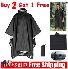Waterproof Hooded Ripstop Rain Poncho Military Camping Hiking Raincoat Black US