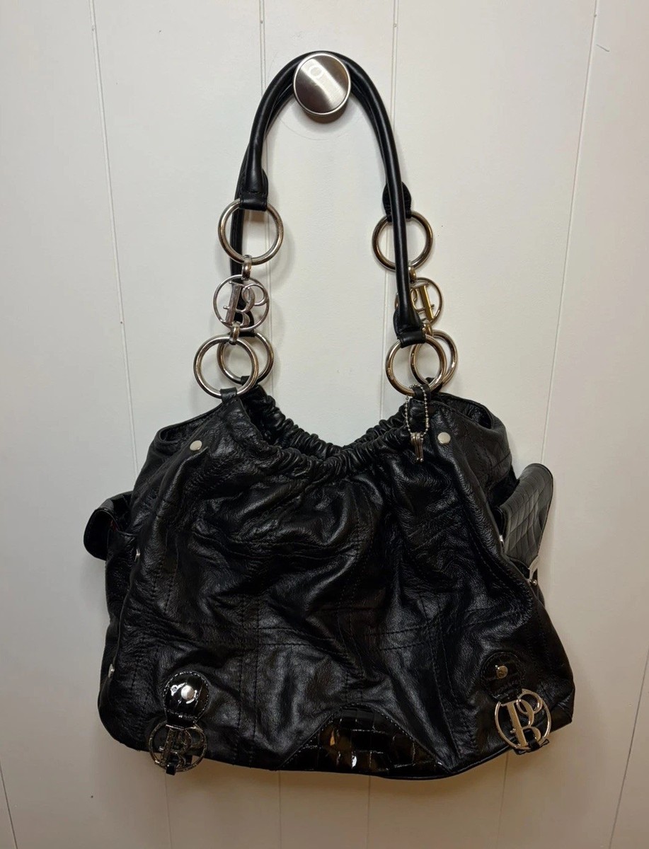 Bolzano Fiore Satchel Black Leather Glam Tote Bag Statement Chic