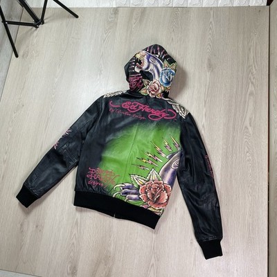 Ed Hardy by Christian Audigier genuine leather hooded jacket