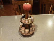 Vintage Wood Spool Thread Holder 21 Pegs Pedestal Blue Pin Cushion w/Wood Spools