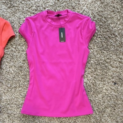 Express Body Contour High Compression Slim Fit T-Shirt Pink Coral XS Crew Neck