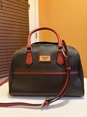 GUESS Brown Logo Satchel Top Handle Bag Red Trim Zip w/ Detachable Strap