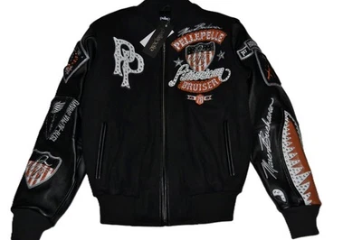 Pelle Pelle Veste Varsity Bruiser Américain En Cuir Et Laine Noire NEUVE - Photo 1/4