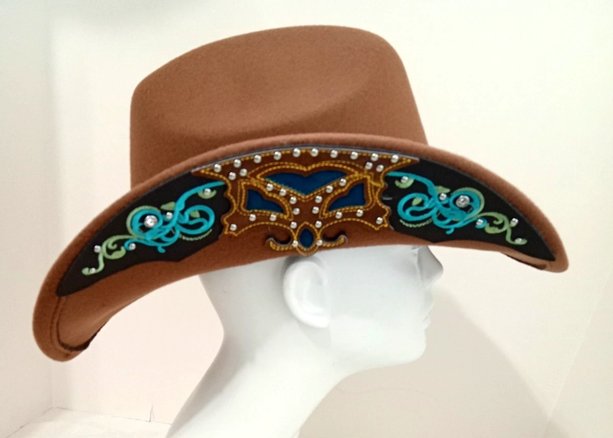 Khaki Unisex Cowboy Hat Embroidery Edges Turquoise Western Boho Wedding 2100