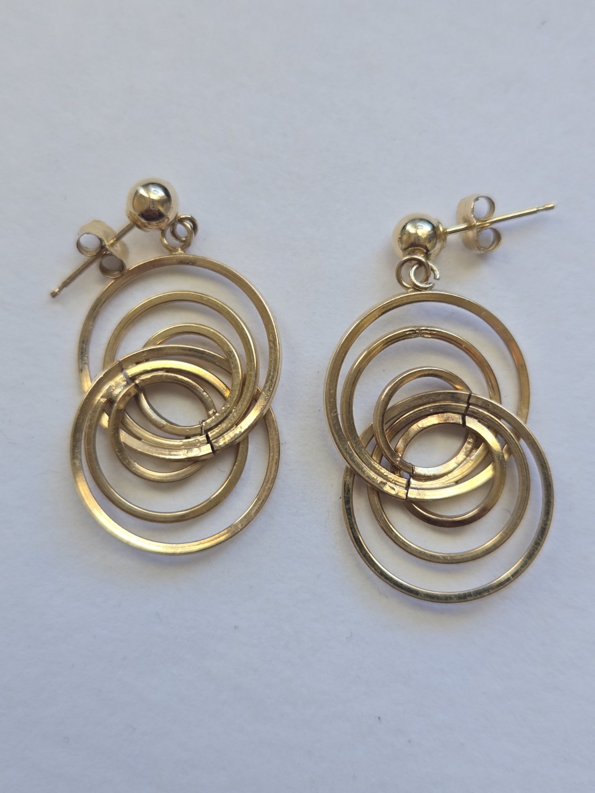 14K Solid Gold Concentric Circle Dangle Drop Earr… - image 5