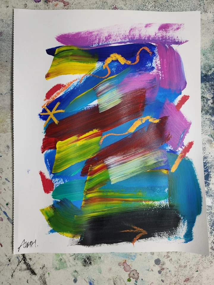 Arte Original Cromático 14x11 Abstracto Expresionista Pintura Original Sobre Papel Foto 3 de 4