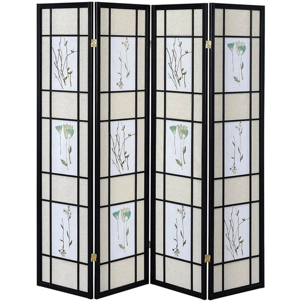 Posavasos Tradicional Madera Cuatro Paneles Floral Plegable Divisor de Habitación en Negro Foto 3 de 4