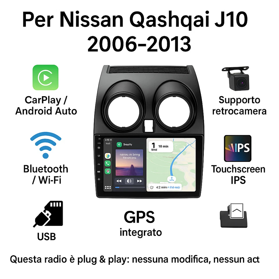 Autoradio Android 9” per Nissan Qashqai J10 (2006–2013) – GPS, CarPlay/Android - Immagine 3 di 4